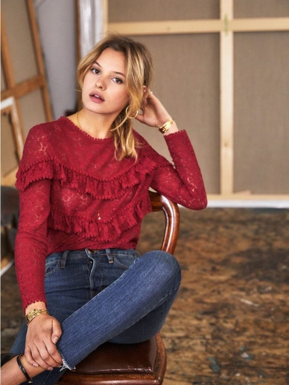 Sezane Red Lace Ruffle Long-Sleeve Top